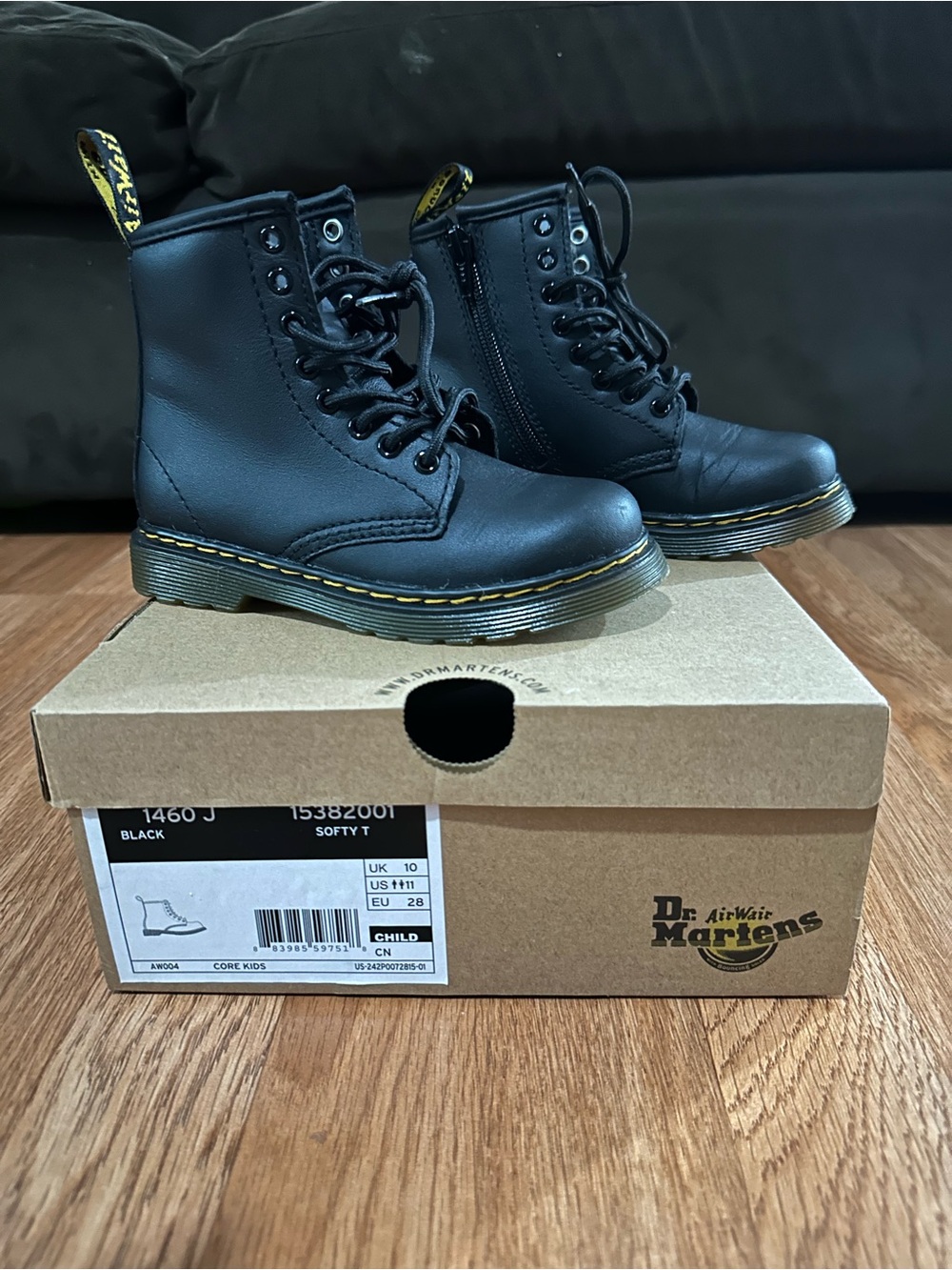 Dr. Martens Black Leather Kids Lace-Up Ankle Boots with Yellow Stitching